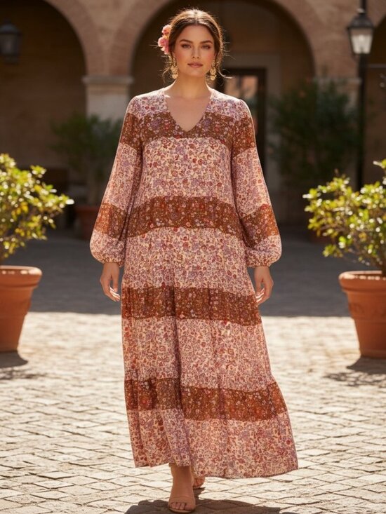 Southern Cotton Dresses & Skirts - Southern Cotton Floral Boho Maxi Dress Medium Pink Brown Tiered Prairie Cottagec